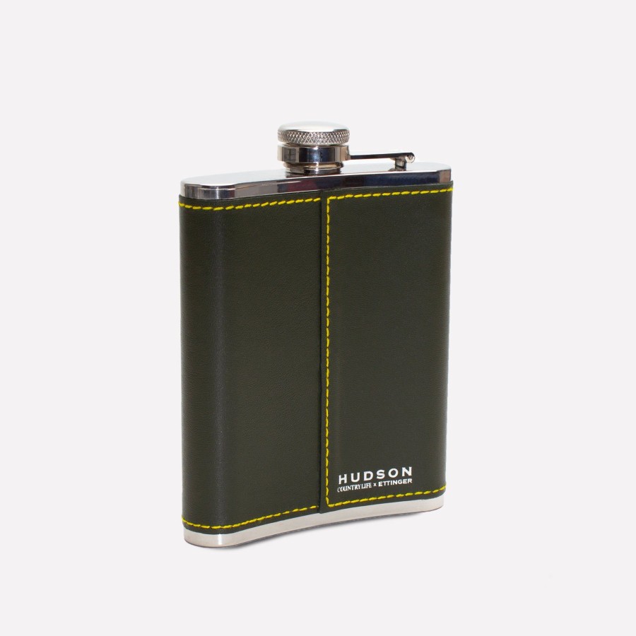 Men Ettinger Travel | Hudson Country Life X Ettinger 6Oz Captive Top Hip Flask Olive/Yellow