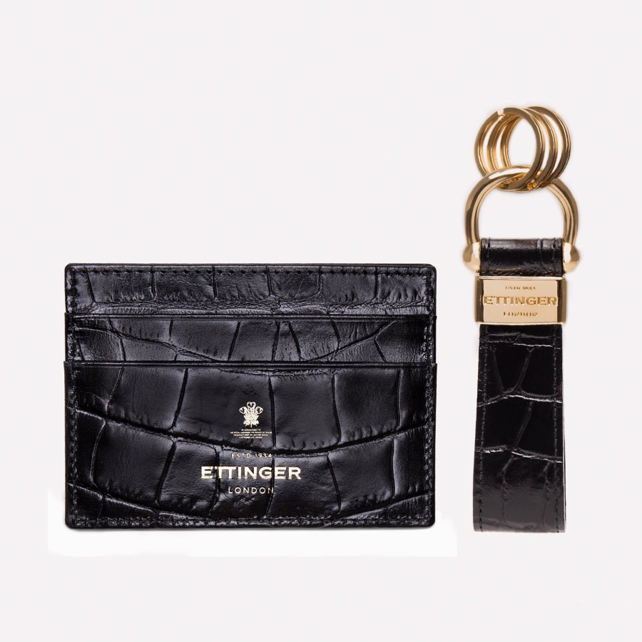 Men Ettinger Key Accessories | Croco Flat Credit Card Case & Stirrup Keyring